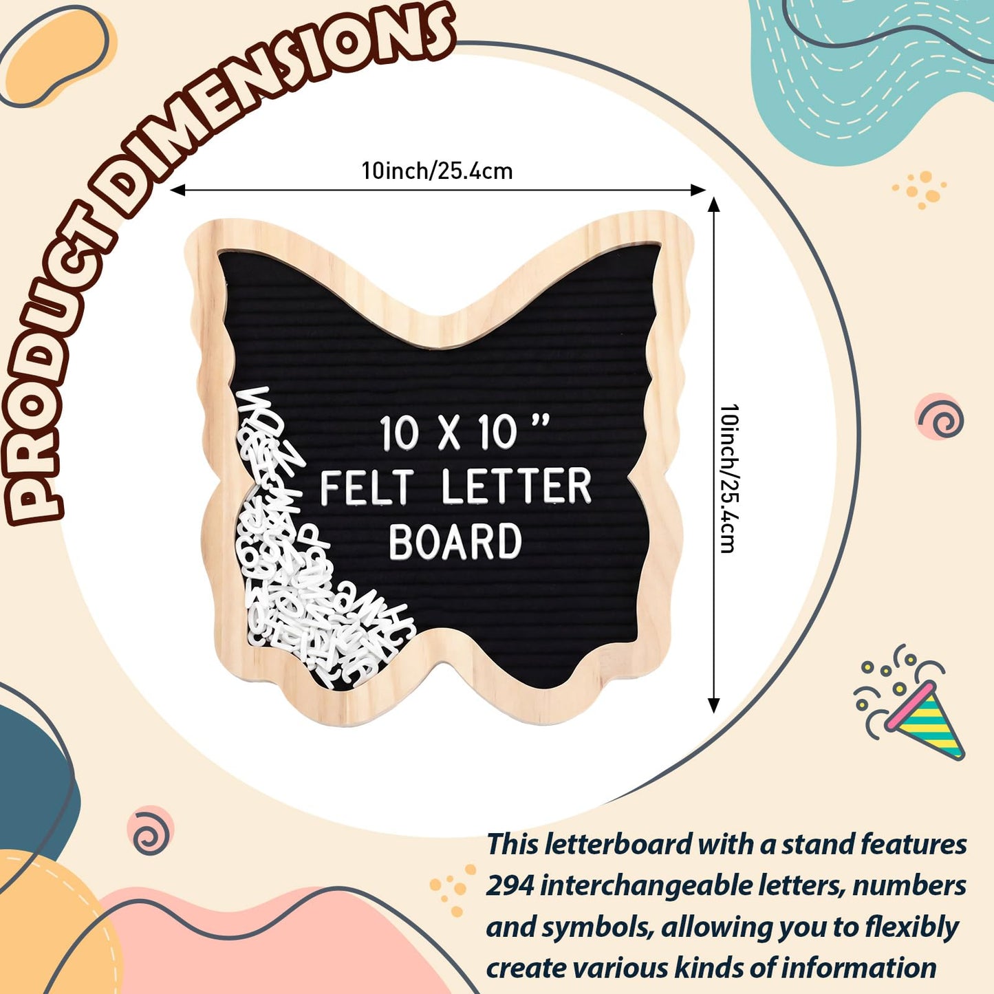Geyoga Felt Letter Board with 294 Letters Numbers Symbols, 10 x 10 Inch Changeable Message Board with Wooden Frame, Butterfly Shaped Pregnancy Announcement Black Wood Sign, Wall Mount or Stand