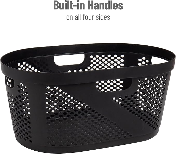 Mind Reader 40L Ventilated Laundry Baskets, Lightweight Clothes Hamper with Cutout Handles for Bathrooms and Closets, Plastic, Set of 2, Black