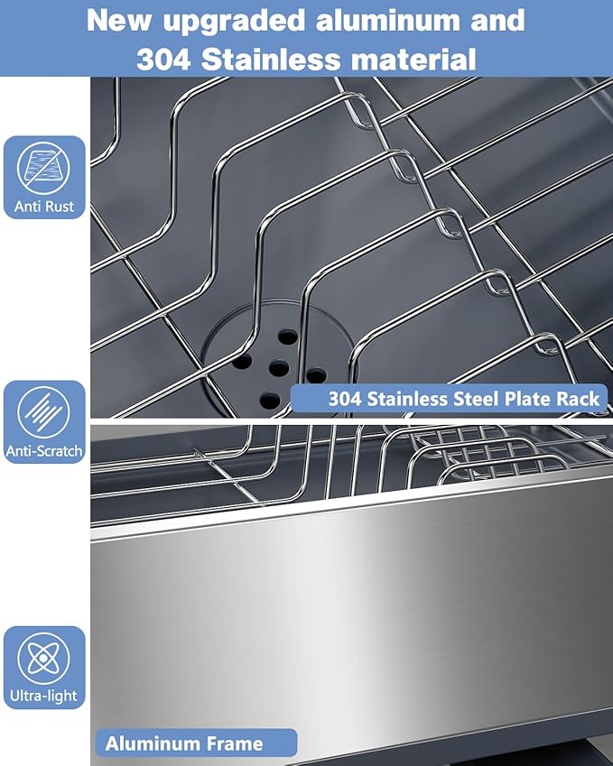Dish Drying Rack with Drain Board, 304 Stainless Steel Core, Aluminum Rustproof Frame, Anti-Slip Elevated Feet, Removable Adjustable Spout, Utensil Holder, Gray