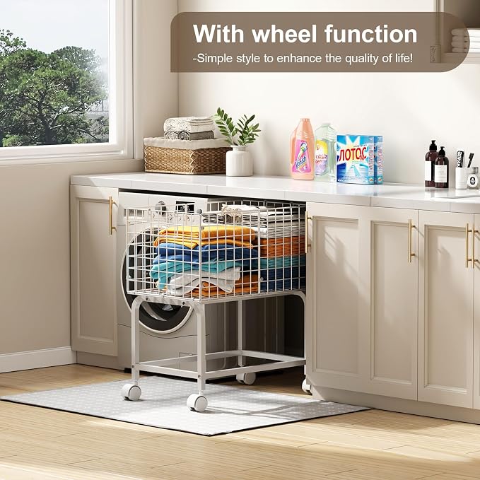Rolling Laundry Basket with Wheels,80L Wire Laundry Cart with Pull Handle,White High Laundry Basket Cart for Laundry Room,Bathroom,Bedroom-White(23.6 * 15.75 * 28inch)