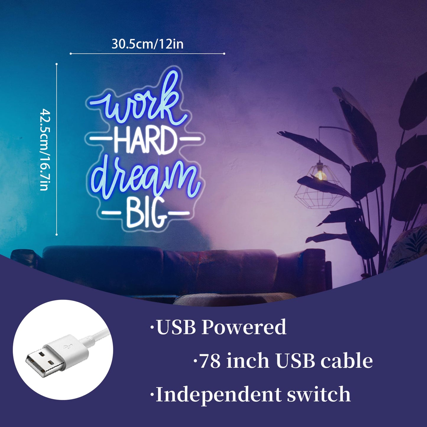 Whfobfe Work Hard Dream Big Neon Sign Led Office Decor Neon Lights Signs for Wall Decor USB Powered Led for Room Decoration Home Game Room Bar Party
