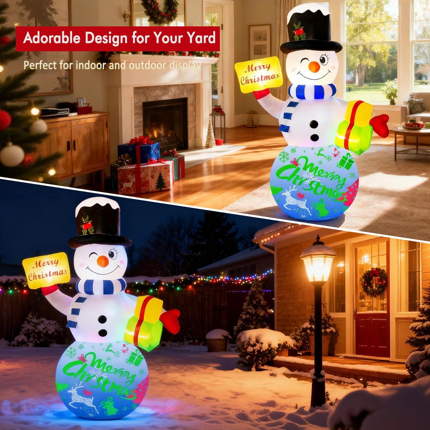 Airdomi 6FT Christmas Inflatables Snowman Outdoor Christmas Decorations Blow Up Snow Man Decor Built-in Rotating Music Box LED Light Wear Magic Hat for Indoor Yard Holiday Party Garden Xmas New Year