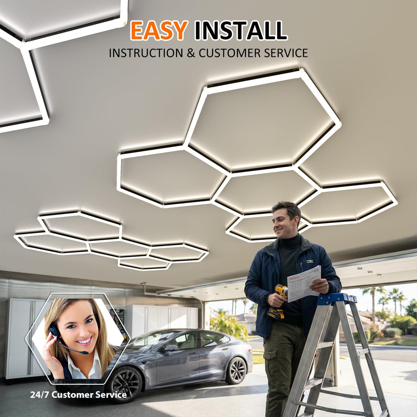 Litezone Hexagon Garage Lights 11 Hex with Black Edge, Honeycomb Led Hexagon Lights, Led Lights for Garage Basement Gym Shop Barber Exhibition