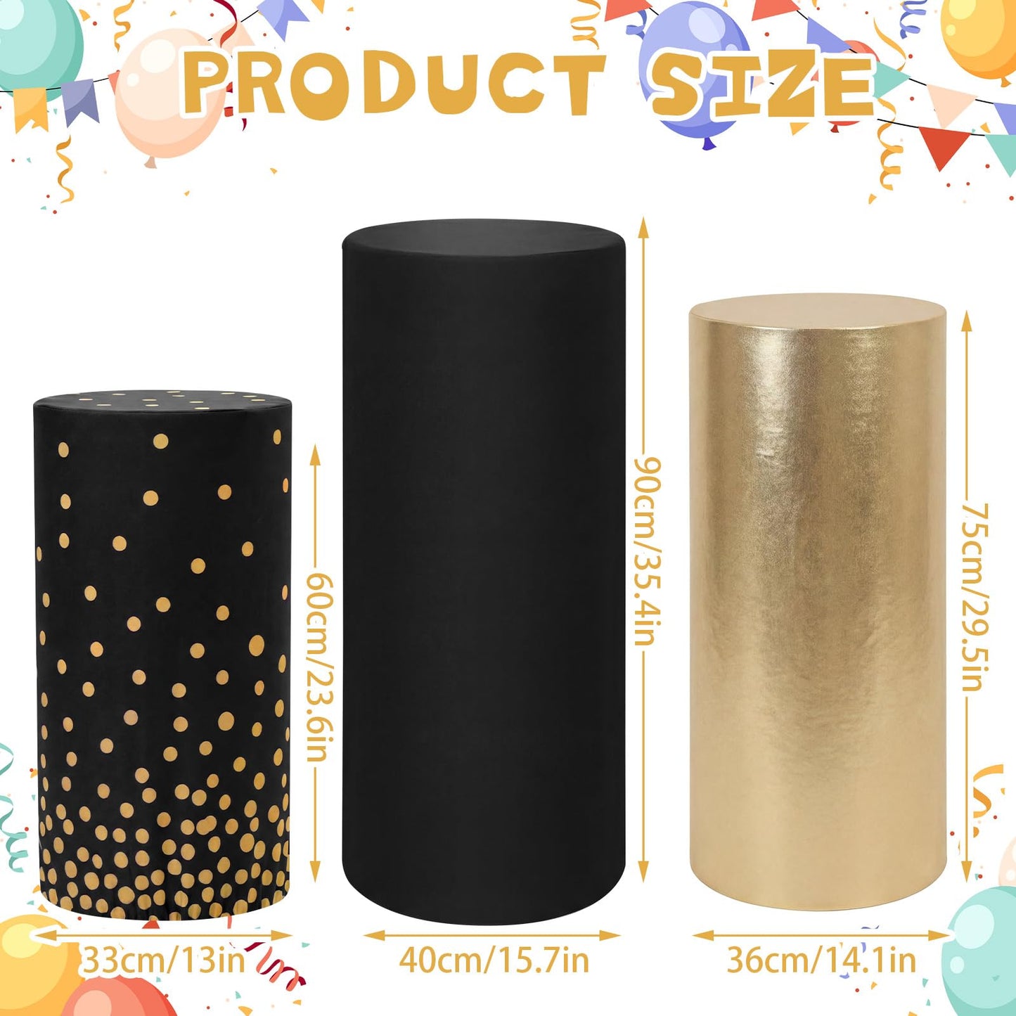 Tigeen 3 Pcs Cylinder Pedestal Stand Covers for Party Cylinder Pedestal Covers Decoration Elastic Pillars Plinth Display Cover for Birthday Wedding Baby Shower Table Decor(Classic,Gold and Black)