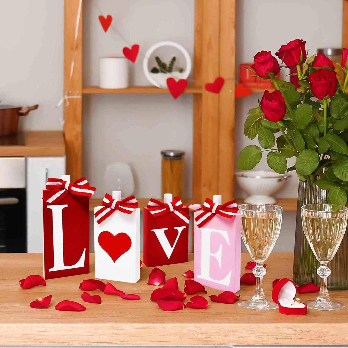 Gift Boutique Valentine's Day Love Heart Block Signs Set of 4 Red Pink White Rustic Wooden Table Tiered Tray Decor Home Wedding Party Decoration Gifts