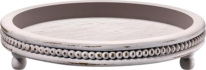 Handmade Wooden Decorative Tray, Small Beaded Coffee Table Tray Decor, Grey Round Decorative Tray for Coffee Table, Dining Room Table Entryway and Living Room Table