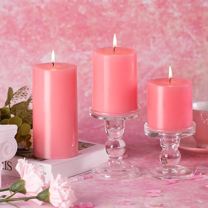 KONNI Pink Pillar Candles Set of 3, 3"x 6" Unscented Pillar Candles Bulk, 56 Hours Long Burning Candles, Smokeless&Dripless Large Round Candle for Wedding, Home Decoration, Parties, Spas, Dinner