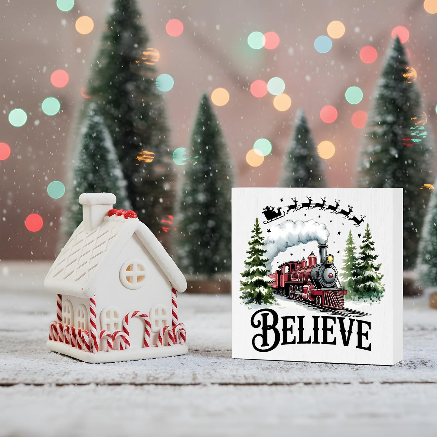 WIKERL Merry Christmas Wooden Box Sign Plaque, Santa Sleigh Decor Believe in Tree Wood Block Sign, Train Winter Holiday Decoration for Home Office Desk Table Shelf Wall
