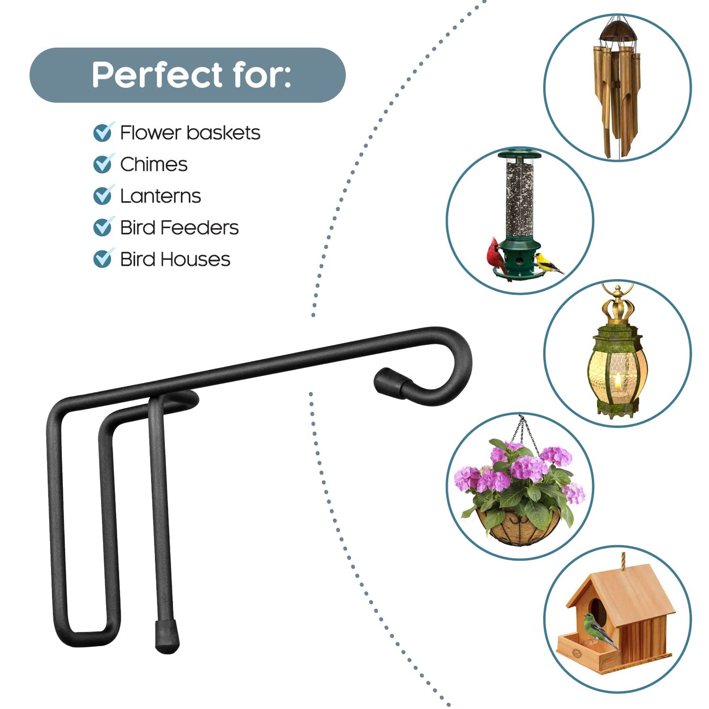 Vinazone Vinyl Fence Hooks for Hanging, Heavy Duty Patio Hangers, Outdoor Fence Hangers for Hanging Flower Baskets, Wind Chimes, Planters, Bird Feeders, Lights, Lanterns - 2 Pack - Black Color