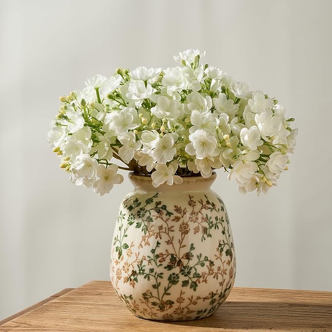 SIDUCAL Ceramic Vintage Pastoral Vase, 7.2 Inch Chinoiserie Floral Vase, Retro Ice Cracked Rustic Farmhouse Vases for Home Decor, Living Room, Bookshelf, Office, Tuscan Decor, Green and Beige