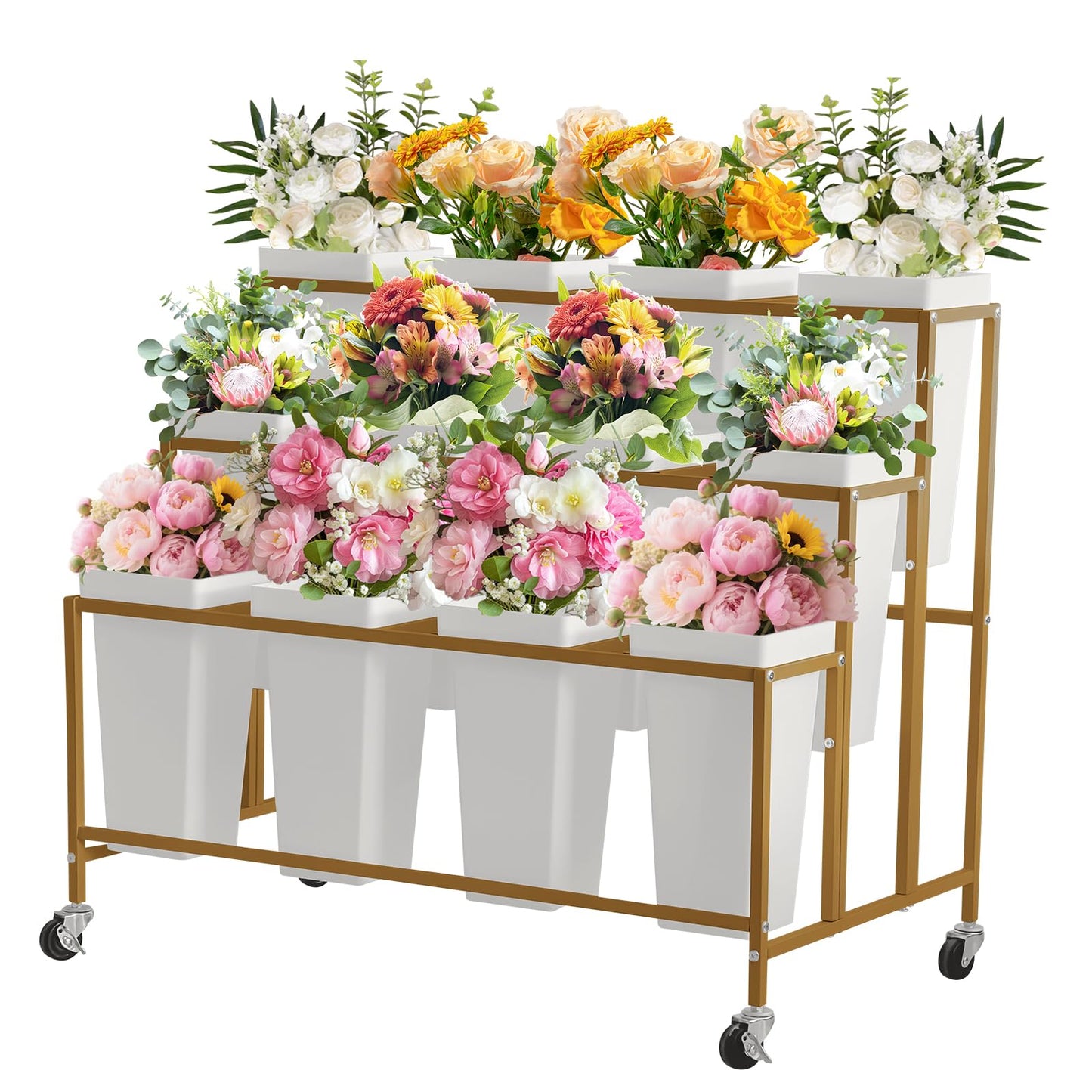 Garvee Flower Display Stand,3 Tier Flower Cart with 12 Round Buckets and Wheels, Moving Flower Cart Display Stand for Garden, Wedding, Flower Shop,Gold
