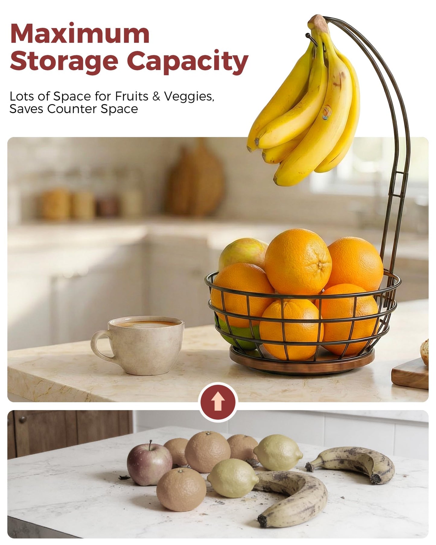 Sevenblue 360°Rotating Fruit Basket for Kitchen Counter with Upgraded Banana Hanger, 2026 Pro Metal Countertop Fruit and Vegetable Basket Bowl Storage with Wooden Non-Slip Base, Black