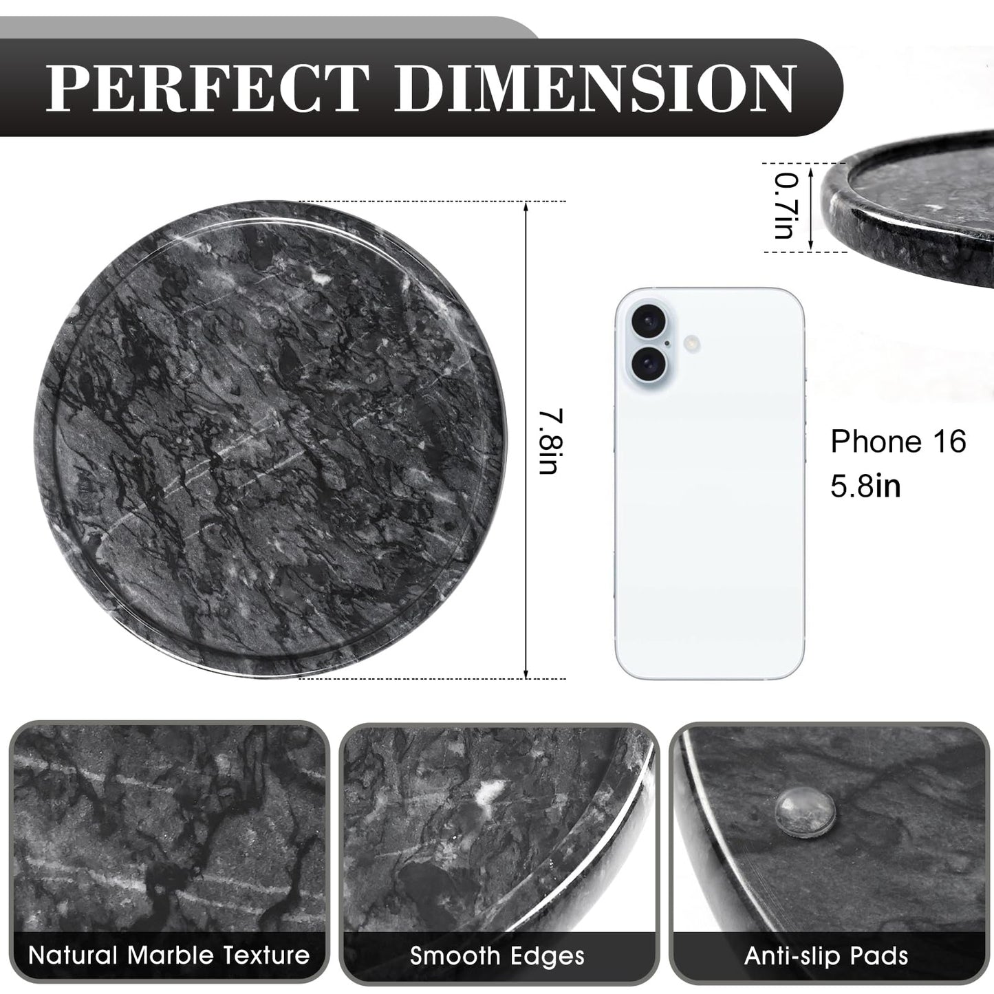 Woduelka Natural Round Marble Tray - 7.8" Marble Vanity Tray for Dresser, Bathroom, Decorative Jewelry Dish for Perfumes Rings Earrings Necklaces, Stone Tray for Home Décor, Black