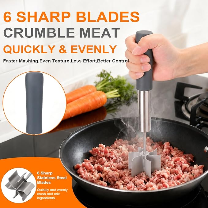 Palksky Stainless Steel Meat Chopper with 6 Wide Blades, Heavy Duty Ground Beef Masher & Meat Smasher Tool, Heat Resistant Silicone Handle Hamburger Smasher for Cast Iron & Metal Pans