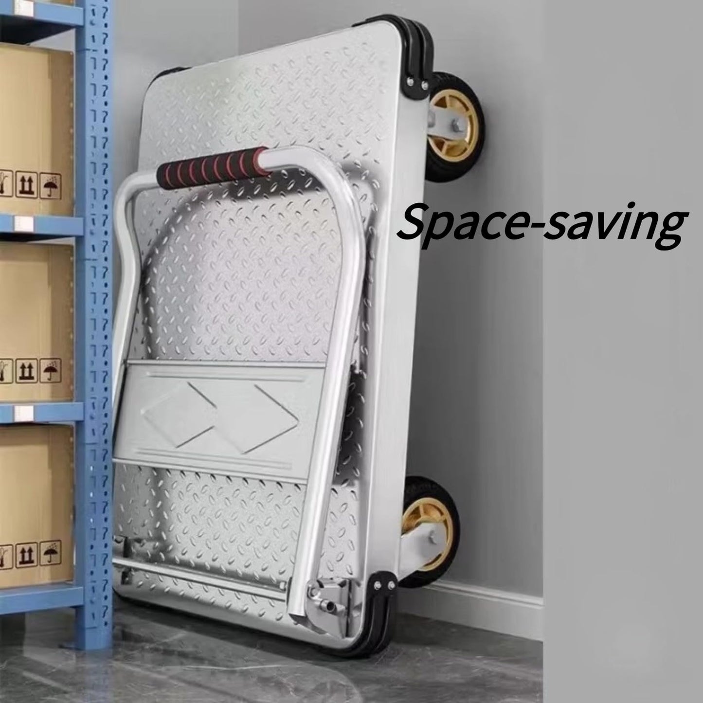 Heavy-Duty Metal Platform Cart - Flatbed Trolley with 360° Swivel Wheels and Folding Handle for Supermarkets, Warehouses, and Garages