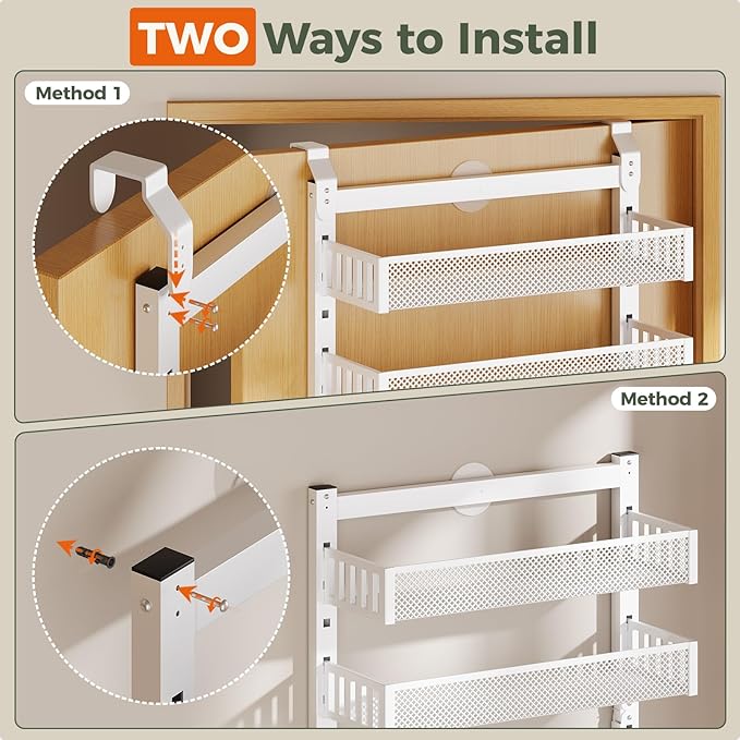 POKIPO 8-Tier Over the Door Pantry Organizer, 2 IN 1 Wall Mount or Hanging Spice Rack with Adjustable Raised Basket, Heavy Duty Back of Door Storage for Kitchen Bathroom Laundry Room