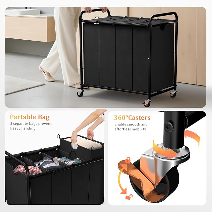 Laundry Sorter 4 Sections 48 Gal, Rolling Laundry Basket with Lockable Wheels and Lid, Laundry Hamper with 4 Separated Removable Bags Dirty Clothes Hamper for Laundry Room Organizer, Black
