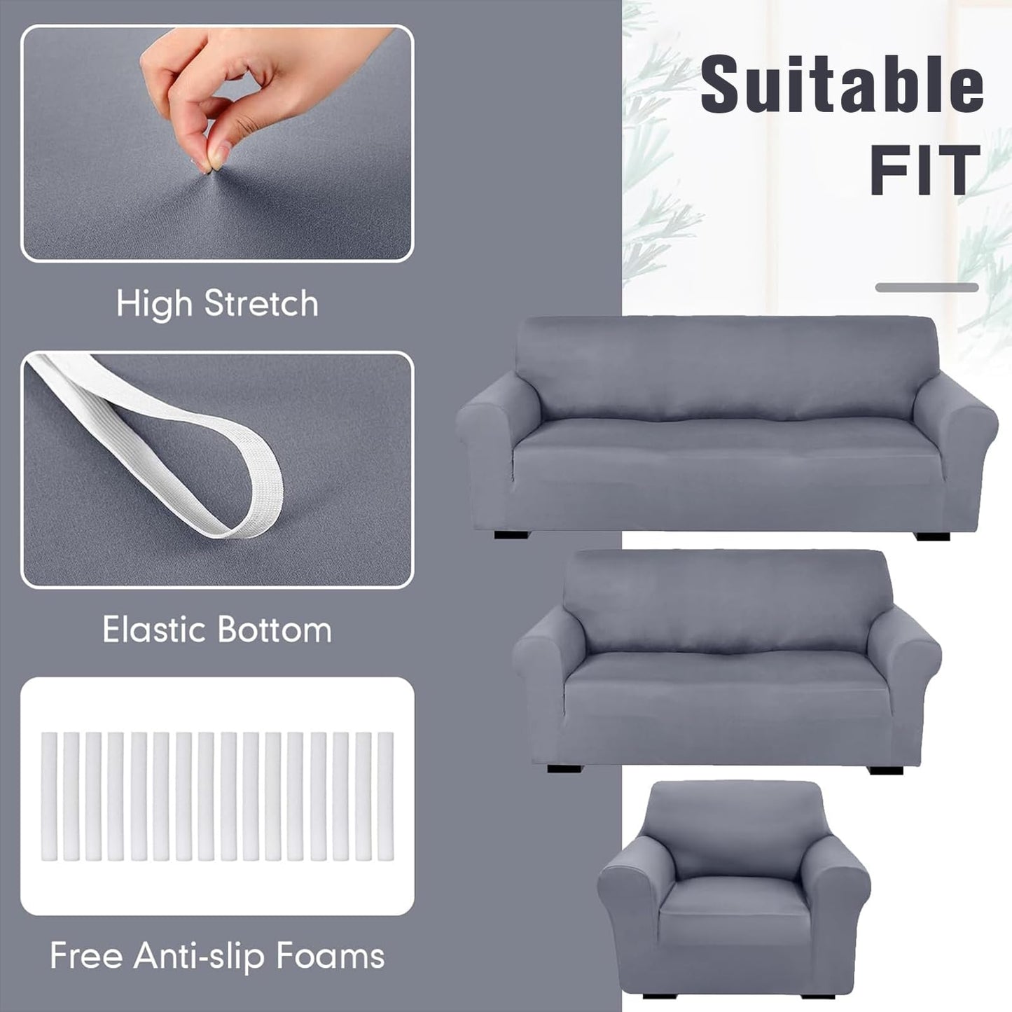 Peryiter 3 Pcs Slipcover Set for Couch Furniture Covers for Sofa Loveseat Couch Arm Chair, Form Fit Stretch, Wrinkle Free, Furniture Protector(Light Gray,Milk Silk Spandex)