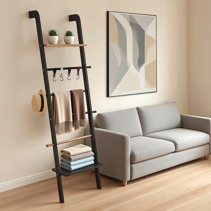 Wooden Ladder with Shelf for Decor, 6-Tier Decor Ladder with Non-Slip Mat & Hooks, Farmhouse Style Leaning Wall Display Holder, Black