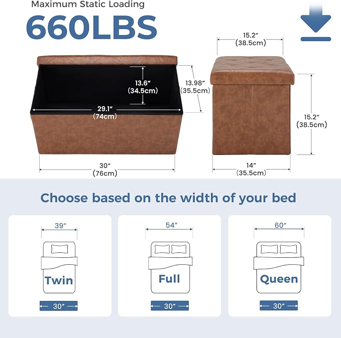 DUMOS 30 Inch Folding Storage Ottoman Bench, Large Hidden Storage Chest withThicker Foam Padded Seat, End of Bed Foot Rest Stool for Bedroom Living Room Entryway, Load 660 lbs, Brown