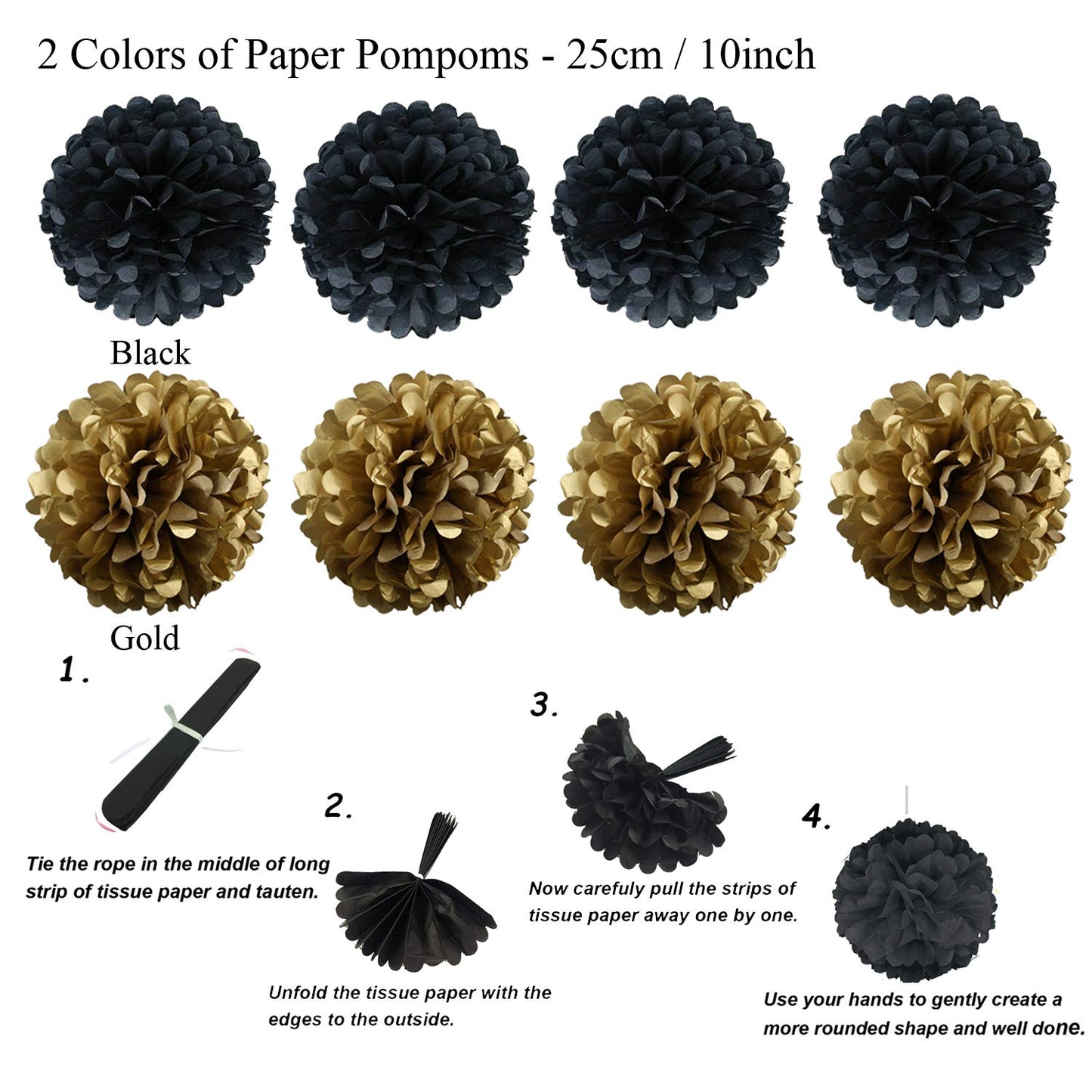 ZERODECO Party Decoration, 21 Pcs Black and Gold Hanging Paper Fans, Pom Poms Flowers, Garlands String Polka Dot and Triangle Bunting Flags for Birthday Parties Wedding Décor, Table & Wall Decorations