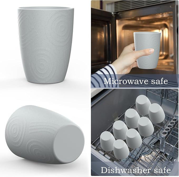 Wrova Wheat Straw Cups 8 PCS Good Alternative to Plastic Reusable Cups 12 oz Unbreakable Drinking Cup Reusable Dishwasher Safe Water Plastic Glasses Light Grey