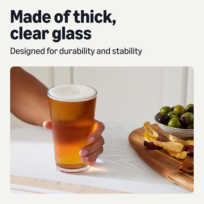 Amazon Basics Pint Glasses, 16 oz., Dishwasher-Safe, 4-Piece Set