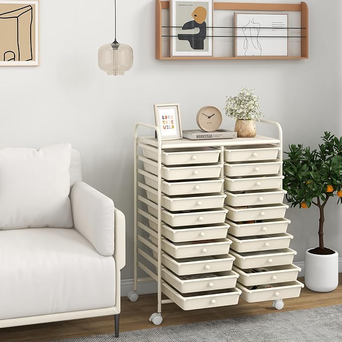 COSTWAY 20-Drawer Rolling Storage Cart, Utility Storage Organizer Cart for Tools, Scrapbook, Paper, Craft, Multipurpose Storage Trolley on Wheels for Home Office School, Ivory White