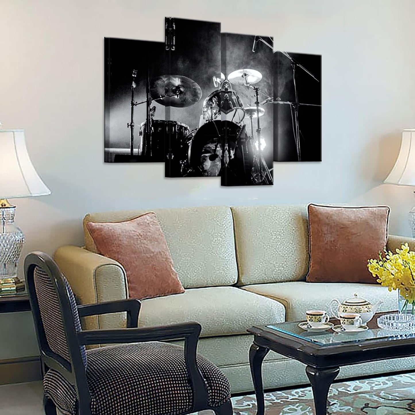 iHAPPYWALL 4 Piece Music Series Wall Art Rock Band Shelf Drum Set With Lights In Black And White Background Modern Home Decor for Living Room Bedroom