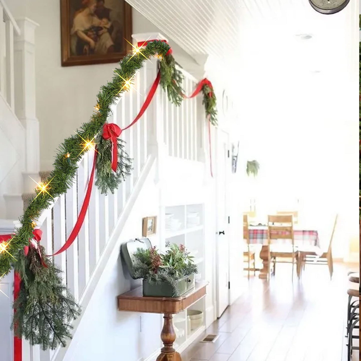Nerosun 14.8 FT Artificial Christmas Garland, 50 Pre-Lit LED Mini String Lights Battery Operated Xmas Garland for Home Stair Railing Indoor Wedding Party Christmas Ornament Decorations (Warm White)