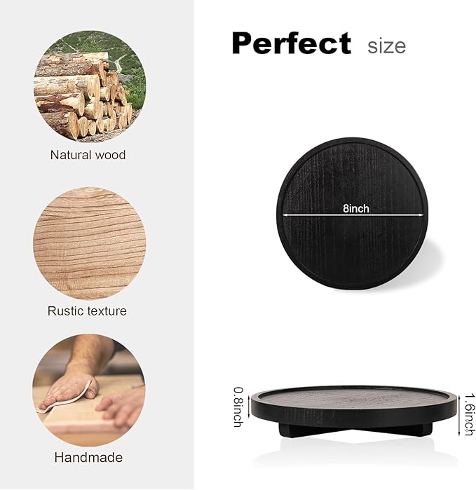 Round Decorative Tray Wood Bathroom Counter Organizer Farmhouse Kitchen Decor Wooden Riser for Soap Dish, Perfume, Candle, Sponge, 8" - Black