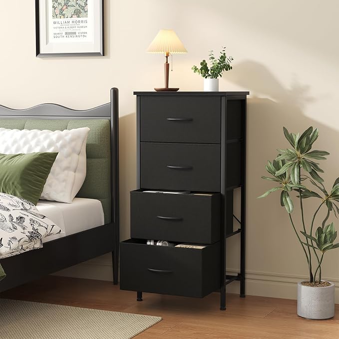 Sweetcrispy 4 Fabric Drawer Small Dresser, Bedside Nightstand with Wooden Top Sturdy Frame, Entryway Closet Bedroom Storage Cabinet Furniture for Dorm,Black