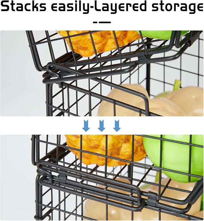 3-Tier Stackable Wire Baskets for Counter, Fruit and Vegetable Storage, Potato and Onion Storage Bin，Kitchen Pantry Organizer - Wall Basket for Produce/Snack/Can, Black