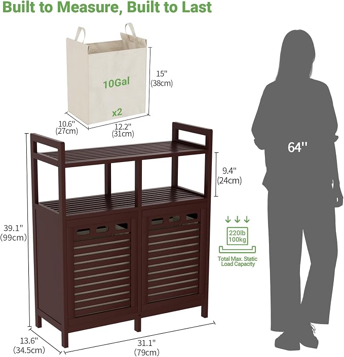 Homykic Tilt Out Laundry Hamper Cabinet, Bamboo Double Laundry Hamper with 2 Removable Laundry Baskets, 20 Gal Laundry Sorter Organizer with Shelf for Dirty Clothes, Bathroom, Laundry Room, Espresso