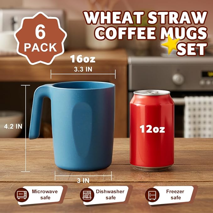 Coffee Mugs Set of 6, Wheat Straw Cups 16 OZ, Unbreakable Coffee Mugs with Handles, Reusable Tea Cup, Microwave Safe & Dishwasher Safe Coffee Tea Cups for Kitchen, Camping, RV, Multi