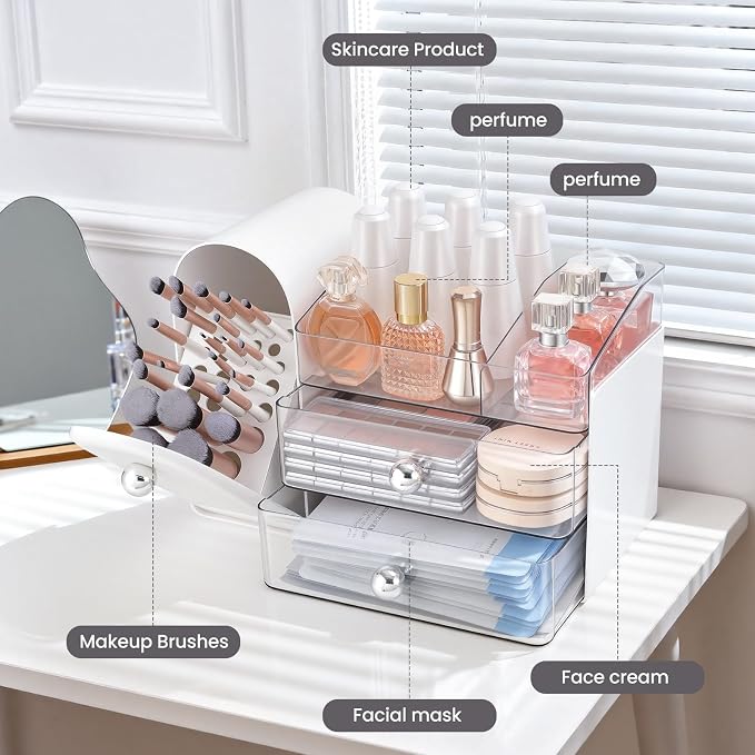 Makeup Organizer,Vanity Organizer with Makeup Brush Holder,Large Skincare Organizers with Drawers,Bathroom Countertop Organizer,Storage Lipstick,Perfume,Nail Polish,Beauty,Gifts for Woman