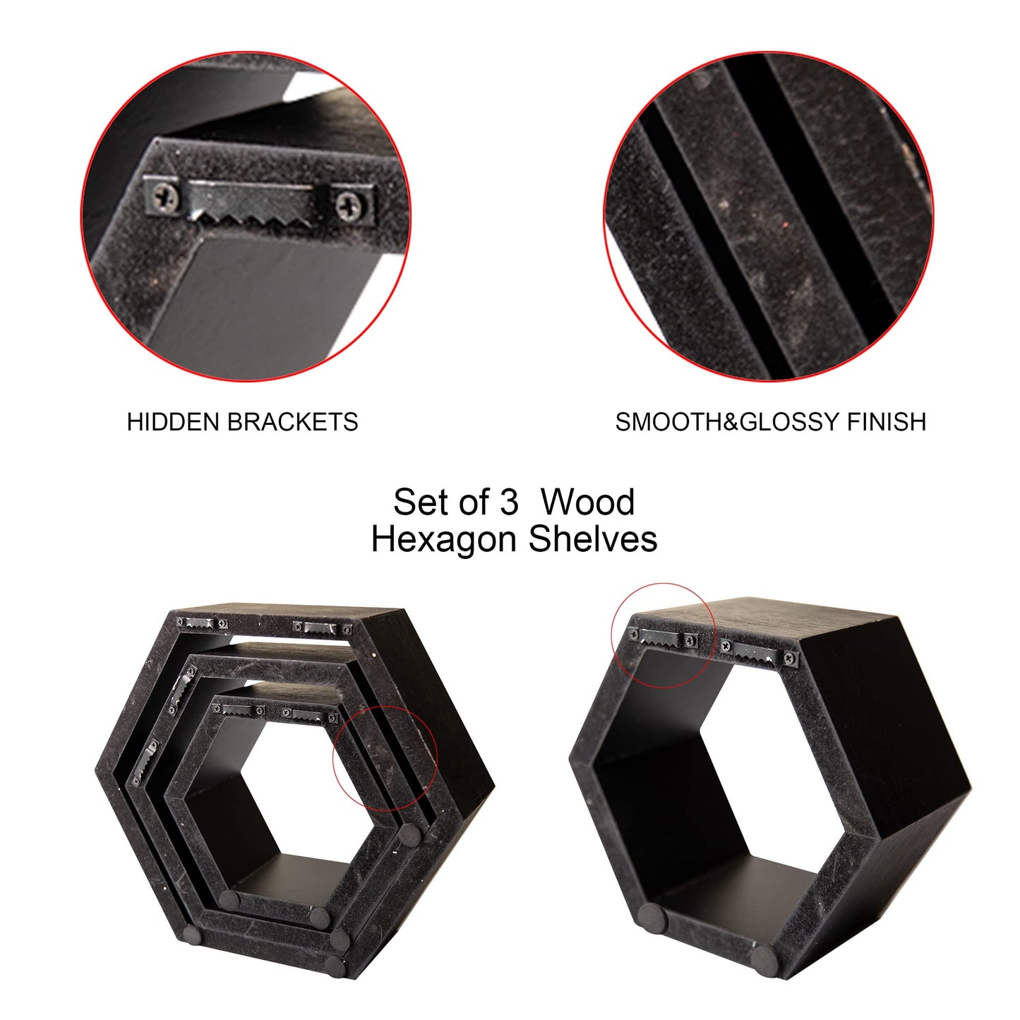 DD DEFINED DECO Set of 3 Pine Wood Hexagon Shelves for Wall Decor,Wall Mounted Floating Shelves,Farmhouse Honeycomb Living Room,Hanging Rustic Shelf Racks Bedroom,Nursery, Black, (B2C230007-3SET)