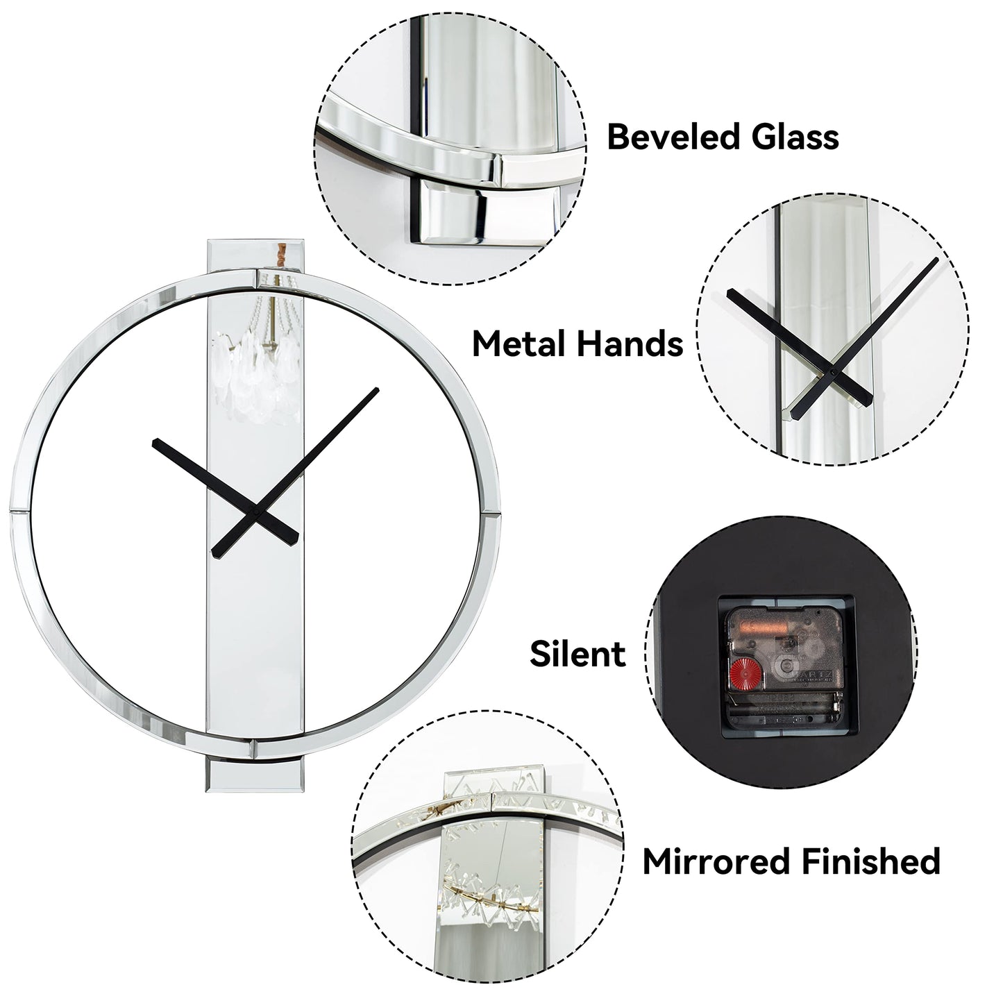 SHYFOY Wall Clock Decorative Large Clock Living Room Decor - 23" Big Clocks All Mirror Glass Finish, Modern Clock for Wall Round Wall Decor for Office Bedroom Fireplace