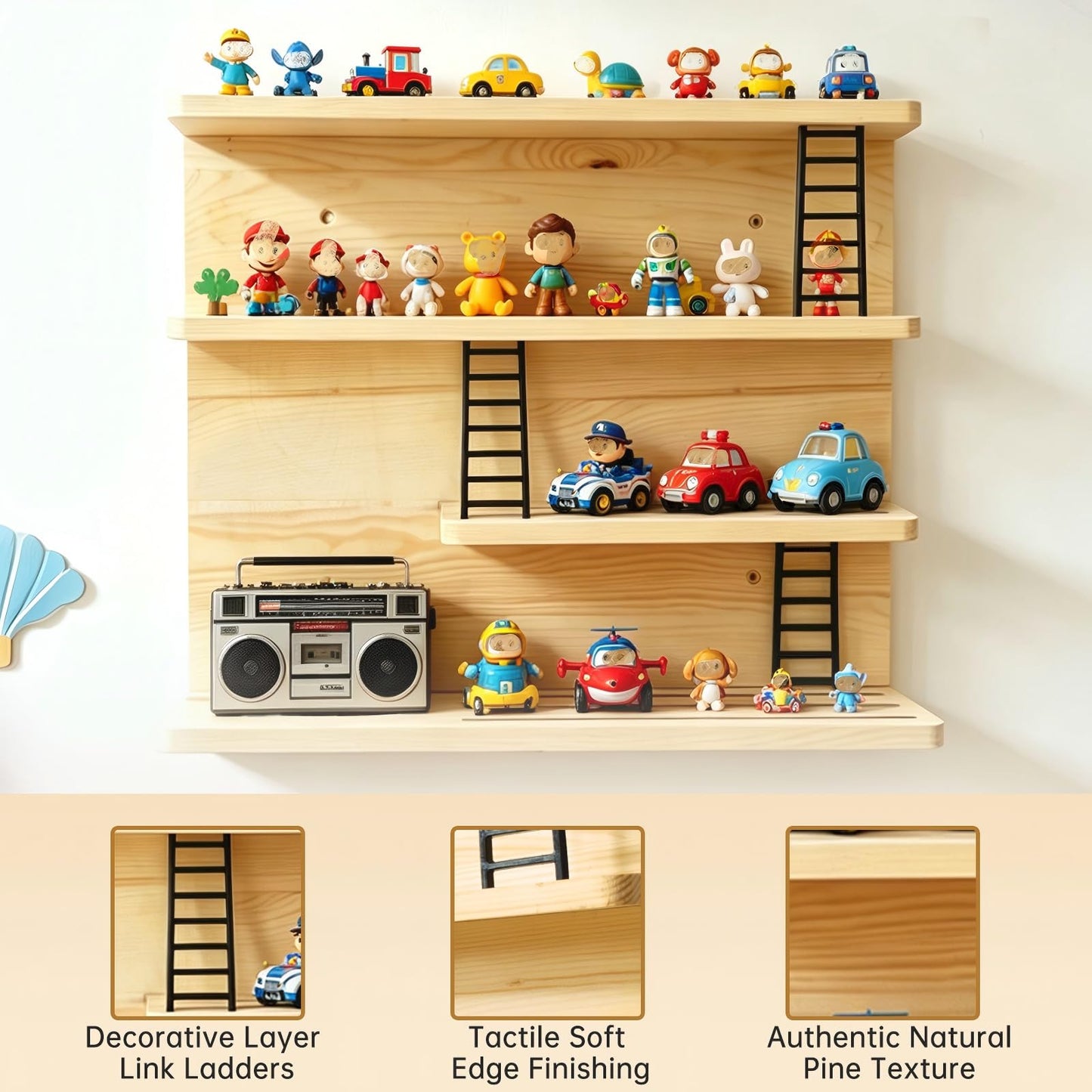 Xanthurys Magnetic Tonies Shelf for Wall, 4-Tier Pinewood Floating Storage, Holds 50+ Characters with Dedicated Tonebox Charging Spot, Figures Organizer for Kids Room – Black