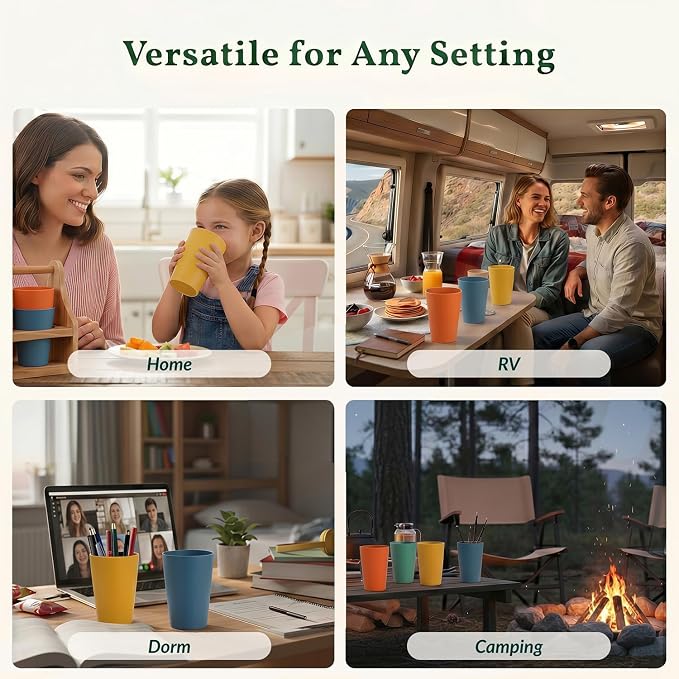 Homienly Reusable Plastic Cups - Wheat Straw Unbreakable Drinking Glasses & Water Glasses | Multi-Color Stackable Plastic Cups, Dishwasher Safe | Glassware & Cup Sets for Kitchen (20 oz 8-Pack)
