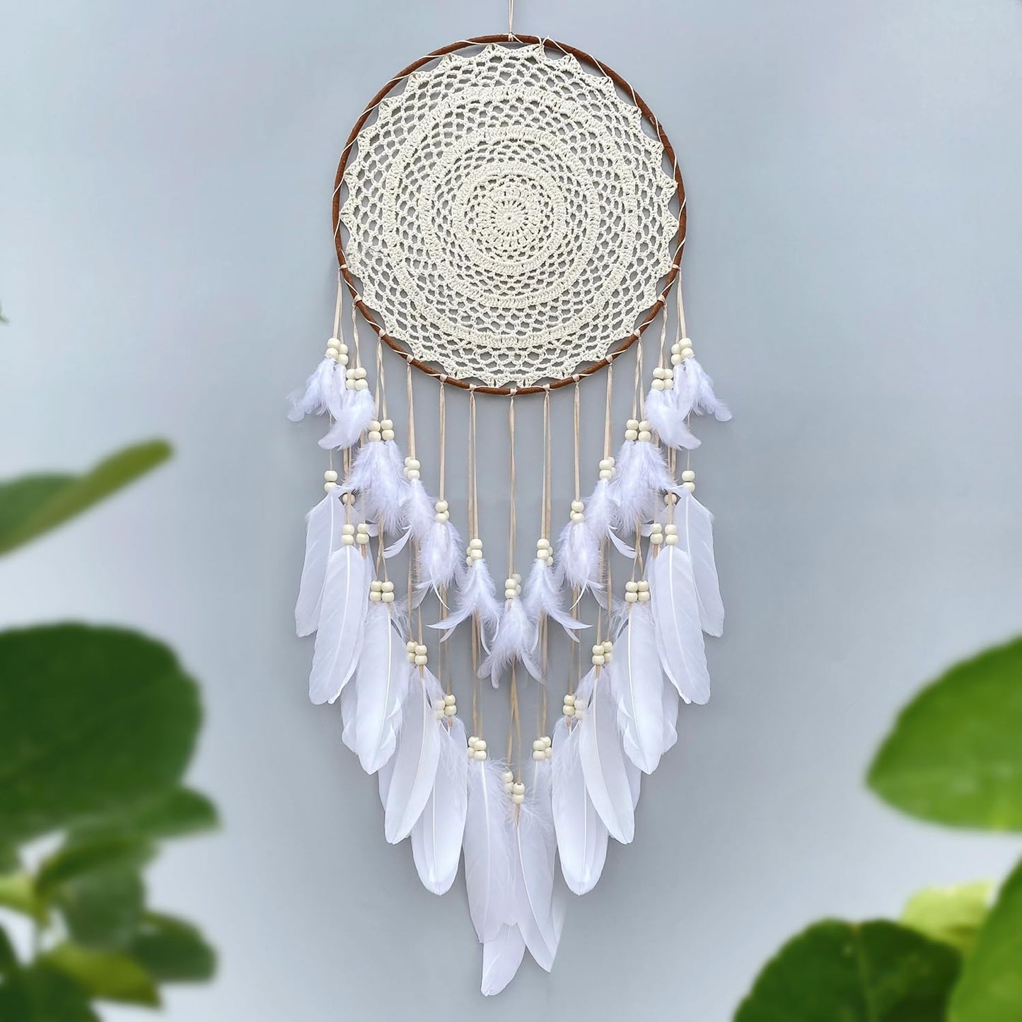 Malicosmile Large White Dream Catcher, Handmade Big Dream Catchers for Bedroom Wall Hanging Wedding Party Decor with a Greeting Card Gift (11.8 Inches in Diameter)