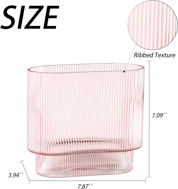 Ribbed Glass Vase, Pink Glass Vase, Fluted Short Vases for Flowers, Modern Vases for Living Room, Dining Room, Bathroom, Desk, Shelf, Wedding, Office, 7 Inches