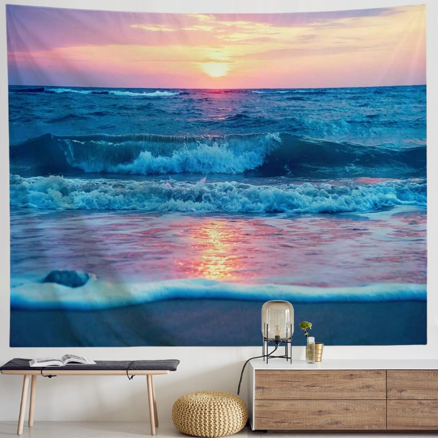 IcosaMro Ocean Tapestry Wall Hanging, Sea Beach Wave Sun Cloud Landscape Scenery Nature Wall Art [Double-Folded Hems] Bohemian Home Decor for Bedroom, Dorm, College, Living Room, 51x60, Blue