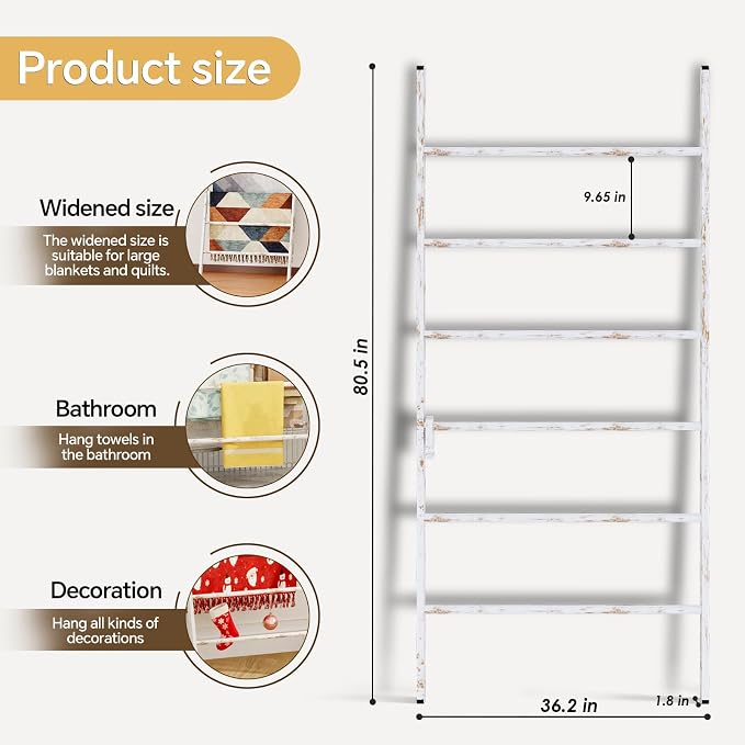 Delywh 6-Tier Wide Double Blanket Ladder Wood, Rustic Decorative Towel Rack for Big Blanket, Towel, Quilt, Clothes - Freestanding Blanket Holder Towel Ladder Decor Stand for Living Room, Bedroom