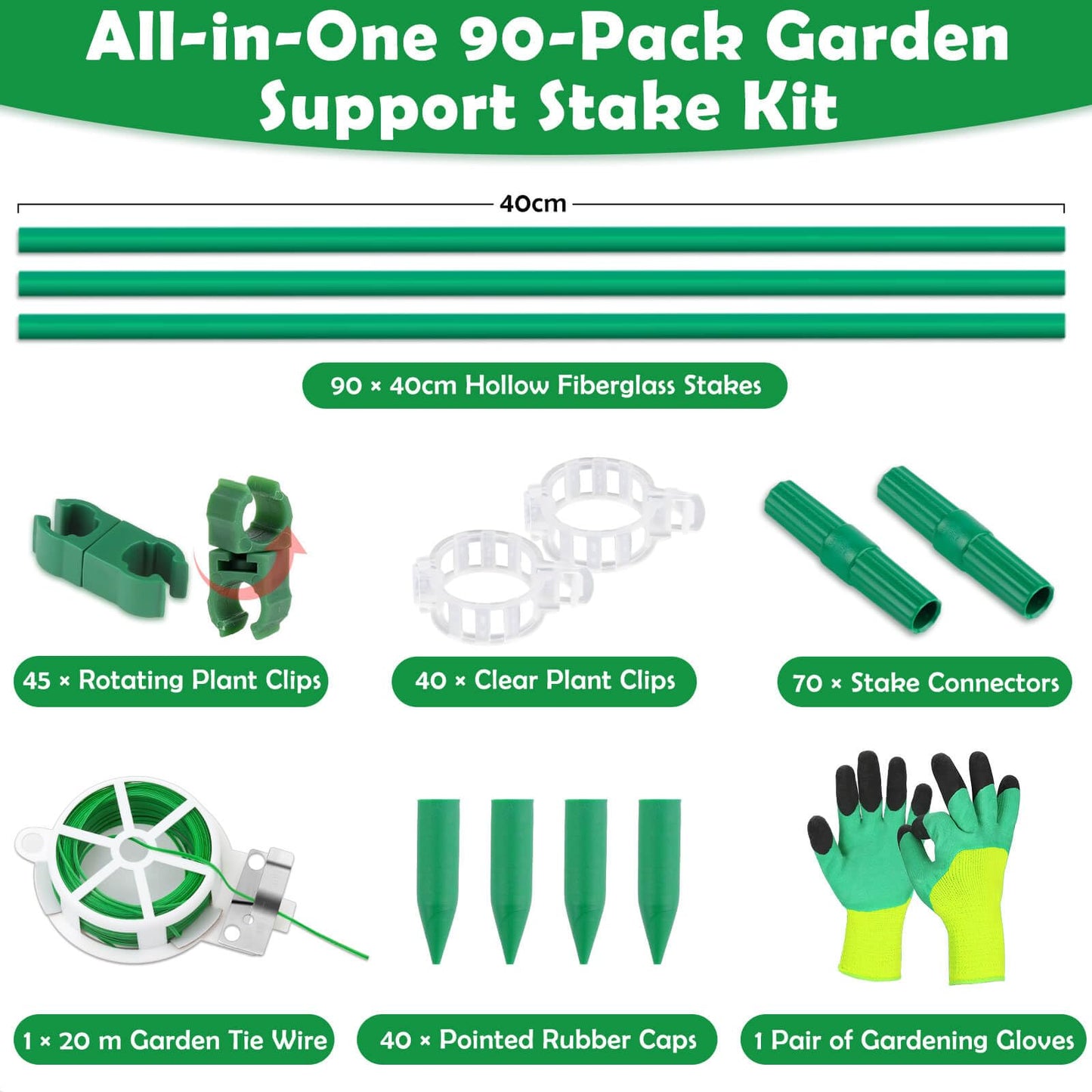 Tetutor 287 PCS Garden Stakes, Fiberglass Tomato Stakes, Garden Sticks with Accessories, 90 Sets DIY 4ft, 5ft, 6ft, 7ft Plant Stakes, Plant Sticks Supports for Indoor Outdoor Plants, Vegetables