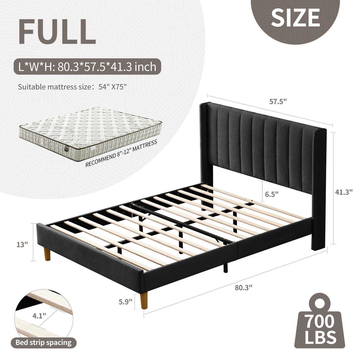 YUHUASHI upholstered Platform Bed Frame/Full Bed Frame/Modern Geometric Double-Wing Design headboard/Linen Fabric/Easy to Assemble no Noise (Black, Full)