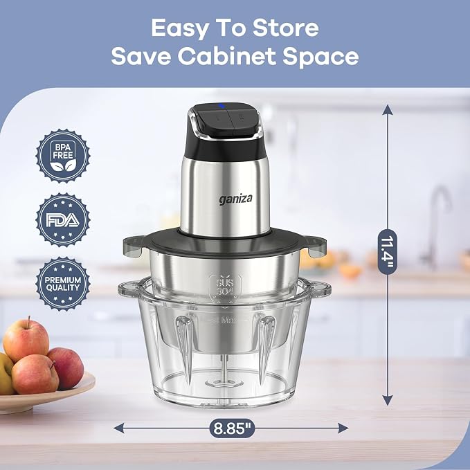 Ganiza Food Processor with Dual Bowls, 2-Speed Food Chopper & Meat Grinder | 8Cup Stainless & 8Cup Glass Bowls, Upgraded Button & Smart Overheat Protection Light - Includes Clean Brush, 2 Sets of Blades