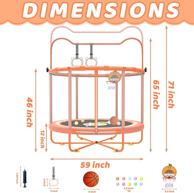 Gardenature 60" Kids Trampoline Indoor, 5ft Toddler Mini Trampoline with Basketball Hoop, Gymnastics Bar, Rings, Christmas Toys Birthday Gifts for Girls Boys Age 3-8