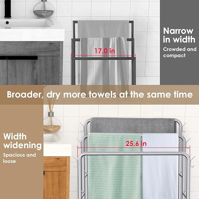 Kayfia 40" H Towel Rack Freestanding, 3-Tier Bath Towel Holder Stand with Storage Baskets & Hooks, Blanket Drying and Display Rack for Oversized Bath Towels, Metal Towel Rack Stand Indoor Outdoor