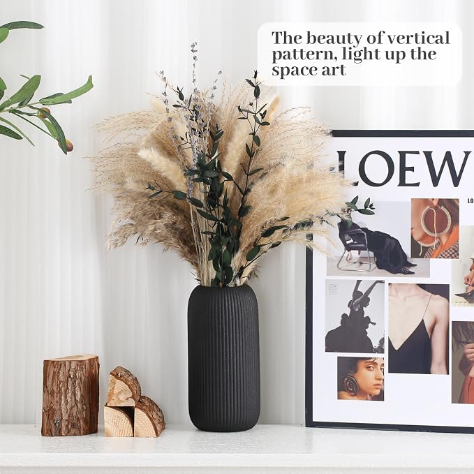 Bohemian Black Ceramic Vase - for Pampas Grass, Mantel, Bookshelf, Entryway and Living Room Decor (Black, 8in-Pill)